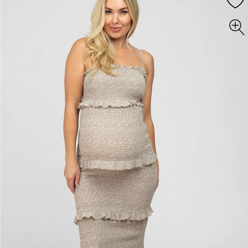 Taupe Leaf Print Smocked Fitted Maternity Midi Dress
